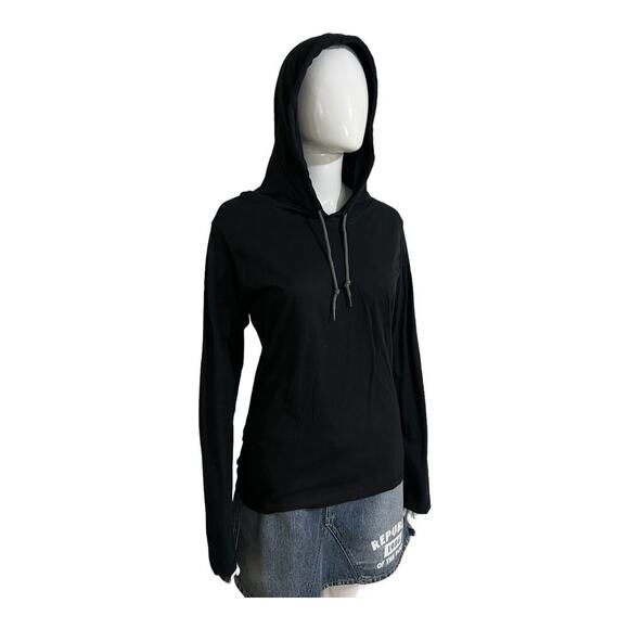 Anvil Hoodie Woman’s Large Hooded Tee Shirt Long Sleeve Lightweight Black Top - Picture 1 of 9